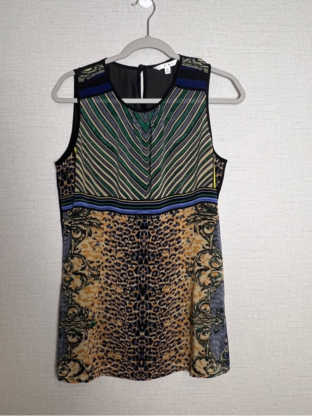 CAbi Buchanan Leopard Sleeveless 565 Sheer Boho Striped Tunic Blouse Tank Medium